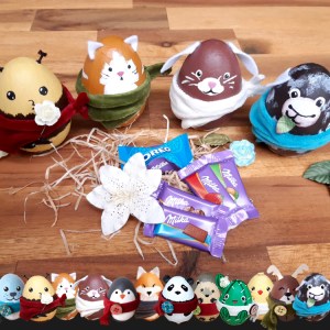 Eierfiguren als Geschenkverpackung gefüllt mit Milkaschokolade oder Bonbons